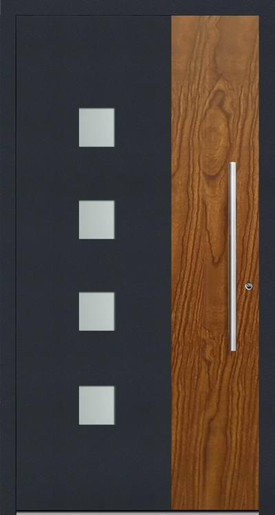 TR110 Aluminium entrance door design is dual coloured  in powder coated wood finish and a RAL colour on the front face of the door, the rear face is white as a standard, any RAL colour of choice is optional at additional cost.  The four square glazed panels, aligned vertically in a column, set off centred on the door,  allow light to filter indoors. Glazing can be clear glass or sandblast finish.