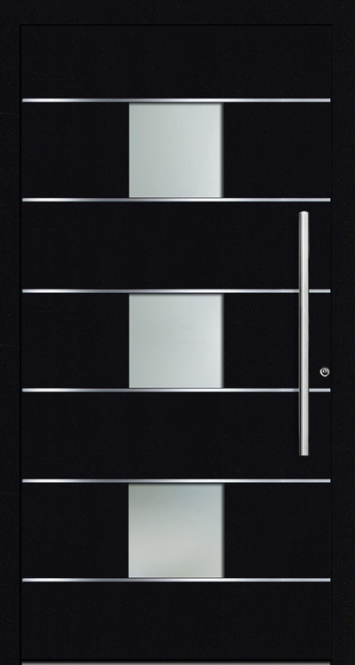 TR 1201 Aluminium Entrance door design allows light to filter indoors due to the three square glazed panels  aligned vertically central to the door. The Stainless Steel trims run along the top and bottom edge of each glazed panel along the whole width of the aluminium porch door on the front façade only. 