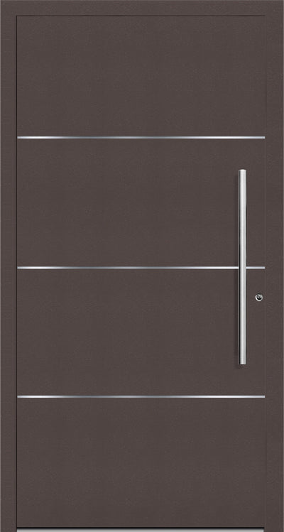 Aluminium Front Door with four horizontal stainless steel trims  across the width of the door