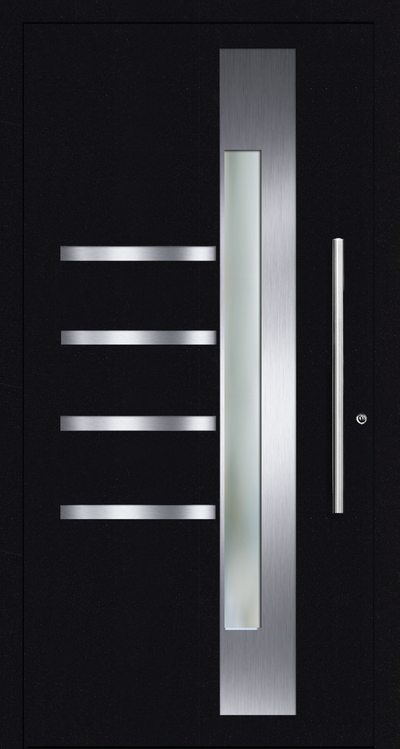 OR 304 particular Aluminium entrance door design has a vertical glass panel. The Stainless Steel trims on the front façade of the aluminium porch door  gives the door a unique design. These can be omitted if desired
