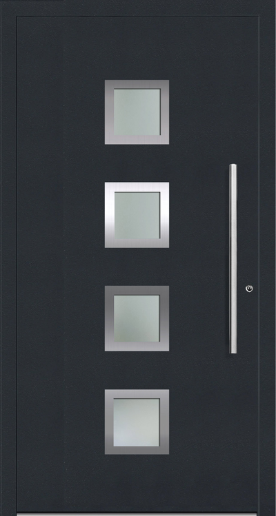 OR 534 Aluminium entrance door design allows light to filter indoors due to the four glazed square panels  in the door. The Stainless Steel trims on the front façade of the aluminium porch door  gives the door a unique design. These can be omitted if desired.  Trims also available on the rear side of the door at extra cost.