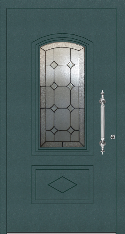 TR 1224 Aluminium entrance door design comes with decorative glass. The grooves and mouldings are only available on the front face of the door as a standard, on the rear face these are optional at an additional price.