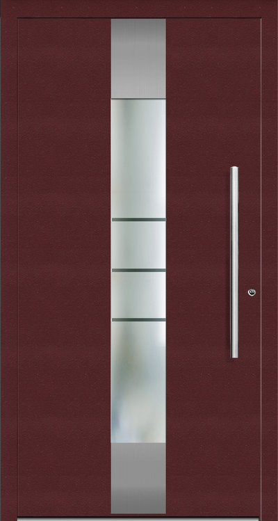 OR 600 Aluminium entrance door has a vertical glass with stainless steel trims. The glazing has  clear lines on sandblast finish. This allows more light to filter indoors. The glazing can be customized to  have  clear or plain sandblast finish instead of the  clear lines in the glazing