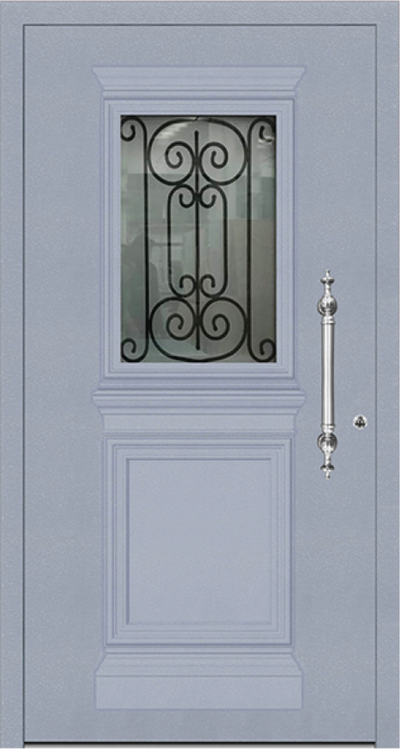 TD 1101 Aluminium entrance door has a rectangular glazed panel with a grill in the panel. This allows light to filter indoors. The glazing can be customized to have clear or plain sandblast finish. The grill in the panel can be omitted if desired.    