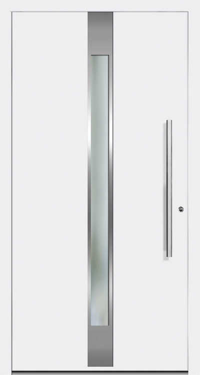 OR 808  Aluminium entrance door design allows light to filter indoors through the vertical glazed panel  in the door. The Stainless Steel trims on the front façade of the aluminium porch door  gives the door a unique design