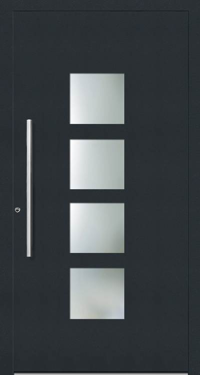 Aluminium Entrance Door with 4 square glass panels placed vertically. These glass panels are central to the door leaf. 