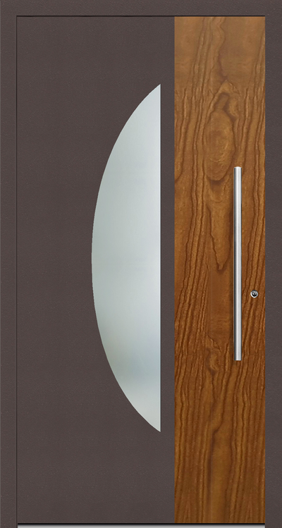 TR 109 Aluminium entrance door design is dual coloured  in powder coated wood finish and a RAL colour on the front face of the door, the rear face is white as a standard, any RAL colour of choice is optional at additional cost.  The curved glazed moon shape panel allows light to filter indoors. Glazing can be clear glass or sandblast finish. 