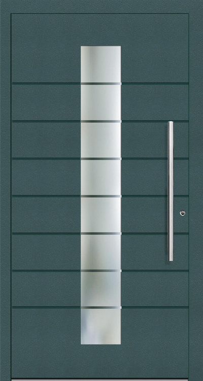 Bonded Aluminium Front Door with a centre glass panel with 7 grooves running along the width of the door. The glass panel has clear lines on sandblast finish to match the grooves on the door. This allows more light to filter indoors.
