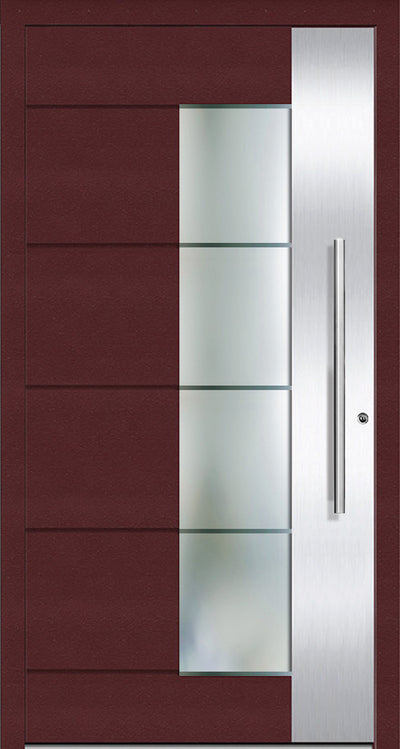 OR1214  Aluminium Entrance door has a large vertical glass with clear lines on sandblast finish. This allows more light to filter indoors. The glazing can be customized to  have  clear or plain sandblast finish instead of the clear lines in the glazing. The door has a broad Stainless Steel trim along the height of the door.