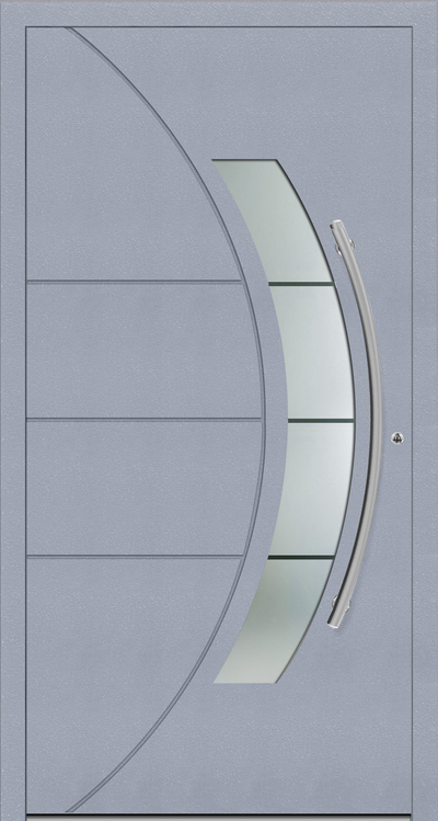 OR 1215 Aluminium entrance door comes with  a curved glass design with grooves on the front face of the aluminium front door. The glazing comes with clear lines in sandblast design. Curved Stainless Steel handle compliments the curved glass.
