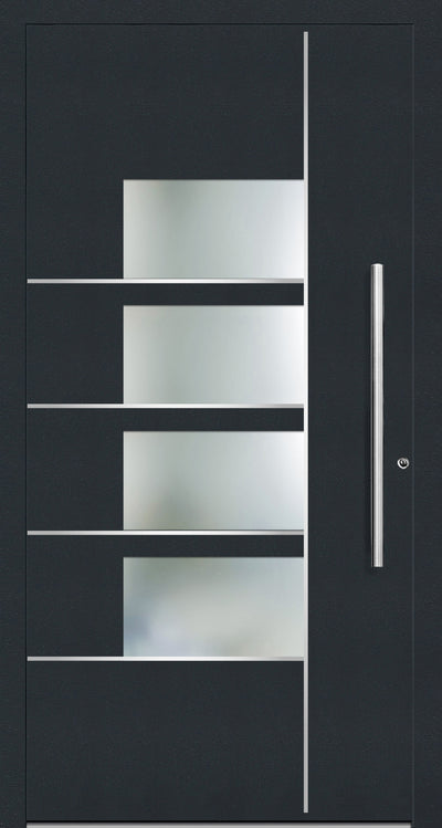 OR 1220 particular Aluminium entrance door design allows plenty of light to filter indoors due to the four glazed rectangular  panels  in the door. The Stainless Steel trims on the front façade of the aluminium porch door  gives the door a unique design. These can be omitted if desired.
