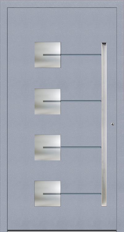 OR 1221 Aluminium entrance door design allows light to filter indoors due to the four square glazed panels  in the door. The grooves on the front façade of the aluminium porch door  gives the door a unique design. These can be omitted if desired. As a standard, these grooves come only on  the front face of the aluminium door; on the rear face these are optional and incur extra cost.   