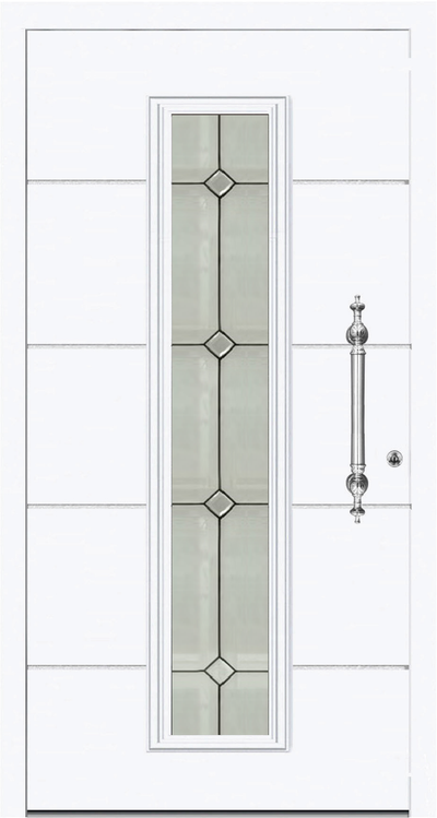 TD 1103 Aluminium entrance door has a vertical decorative glazed panel. This allows light to filter indoors. The glazing can be customized to have clear or plain sandblast finish. The design in  the glazed panel can be omitted if desired. 