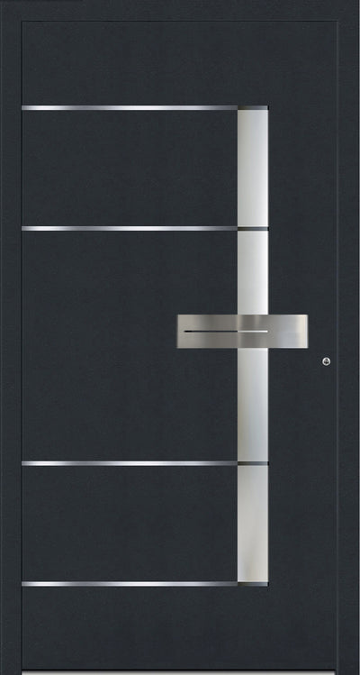 OR 1216 Aluminium entrance door design is one of our most popular designs. It has a narrow vertical glazing with Stainless Steel  trims on the front face of the aluminium front door. The glazing comes with clear lines in sandblast design. Horizontal Stainless Steel handle compliments the vertical glass and horizontal stainless steel trims. The stainless steel trims can be replaced by the grooves in design as well. 