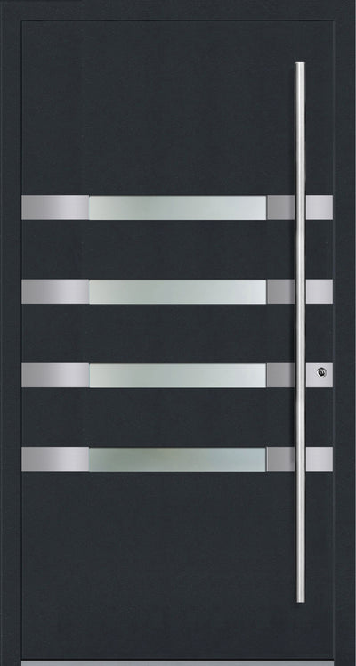 OR 607 Aluminium entrance door design comes with four horizontal glazed panels  in the door. The Stainless Steel trims on the front façade of the aluminium porch door  gives the door a unique design. These can be omitted if desired.  