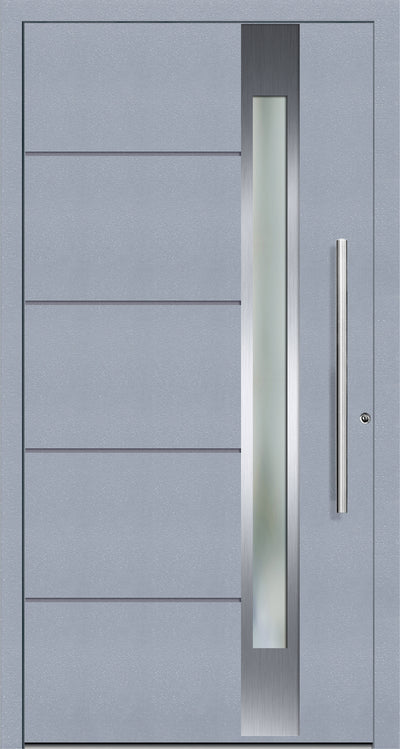 Solid Flush Aluminium Front door with an off centred vertical glass panel with a Stainless Steel  border and 4 number horizontal grooves along the width of the door