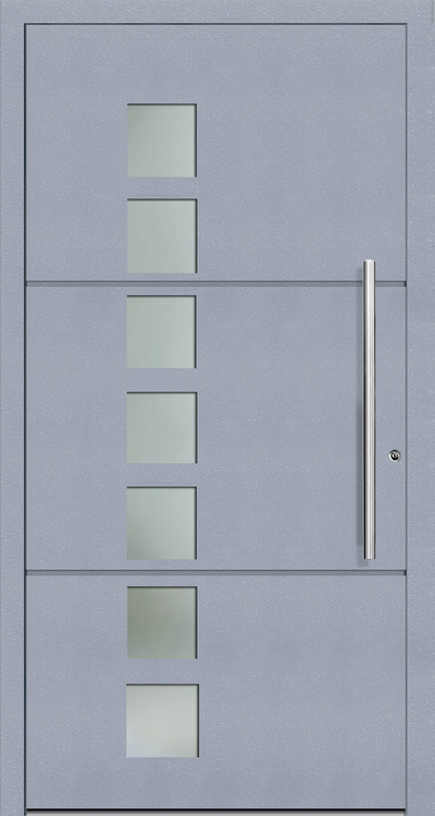OR 802 Aluminium entrance door design allows light to filter indoors due to the seven square glazed panels  in the door. The grooves on the front façade of the aluminium porch door  gives the door a unique design. 