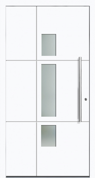 OR 803 Aluminium entrance door design allows light to filter indoors due to the three rectangular glazed panels  in the door. The grooves on the front façade of the aluminium porch door  gives the door a unique design. These can be omitted if desired. As a standard, these grooves come only on  the front face of the aluminium door; on the rear face these are optional and incur extra cost.