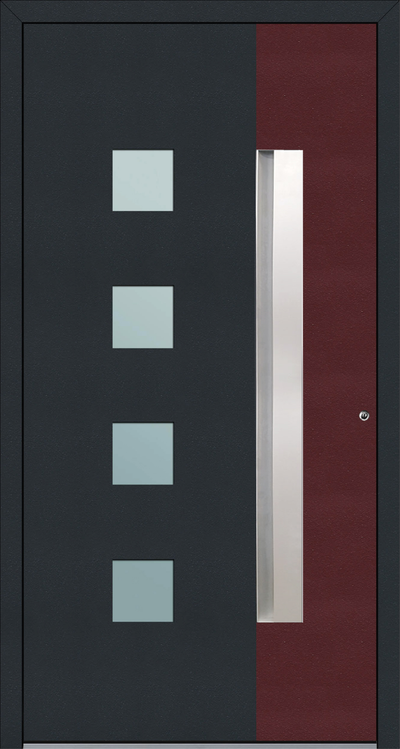 TR 807 Aluminium entrance door design is dual coloured in powder coated finish on the front face of the door, the rear face is white as a standard, any RAL colour of choice is optional at additional cost. The door has 4 square square panels to let in light.