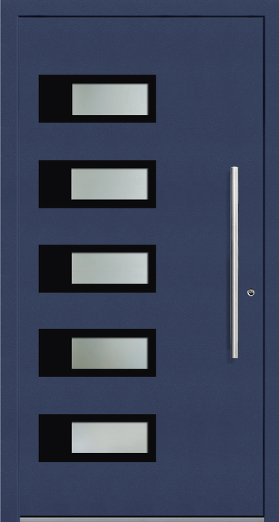 TR 810 Aluminium entrance door design has 5 rectangular glass panels aligned vertically along the door. These boxes are surrounded by black trims making it a dual colour design
