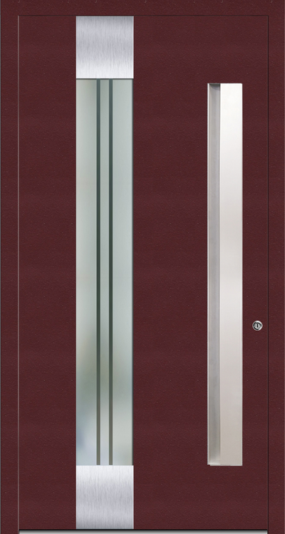 OR 811 Aluminium entrance door design allows light to filter indoors due to the vertical  glazed panel in the door. The Stainless Steel trims on the front façade of the aluminium porch door  gives the door a unique design. These can be omitted if desired.  The glazed panel in the aluminium front door has clear vertical lines in sandblast finish. The same design in glass can be repeated in the side light too.